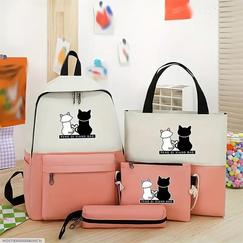 Cute Cat Print 4-in-1 School Bag Set for Girls – Backpack
