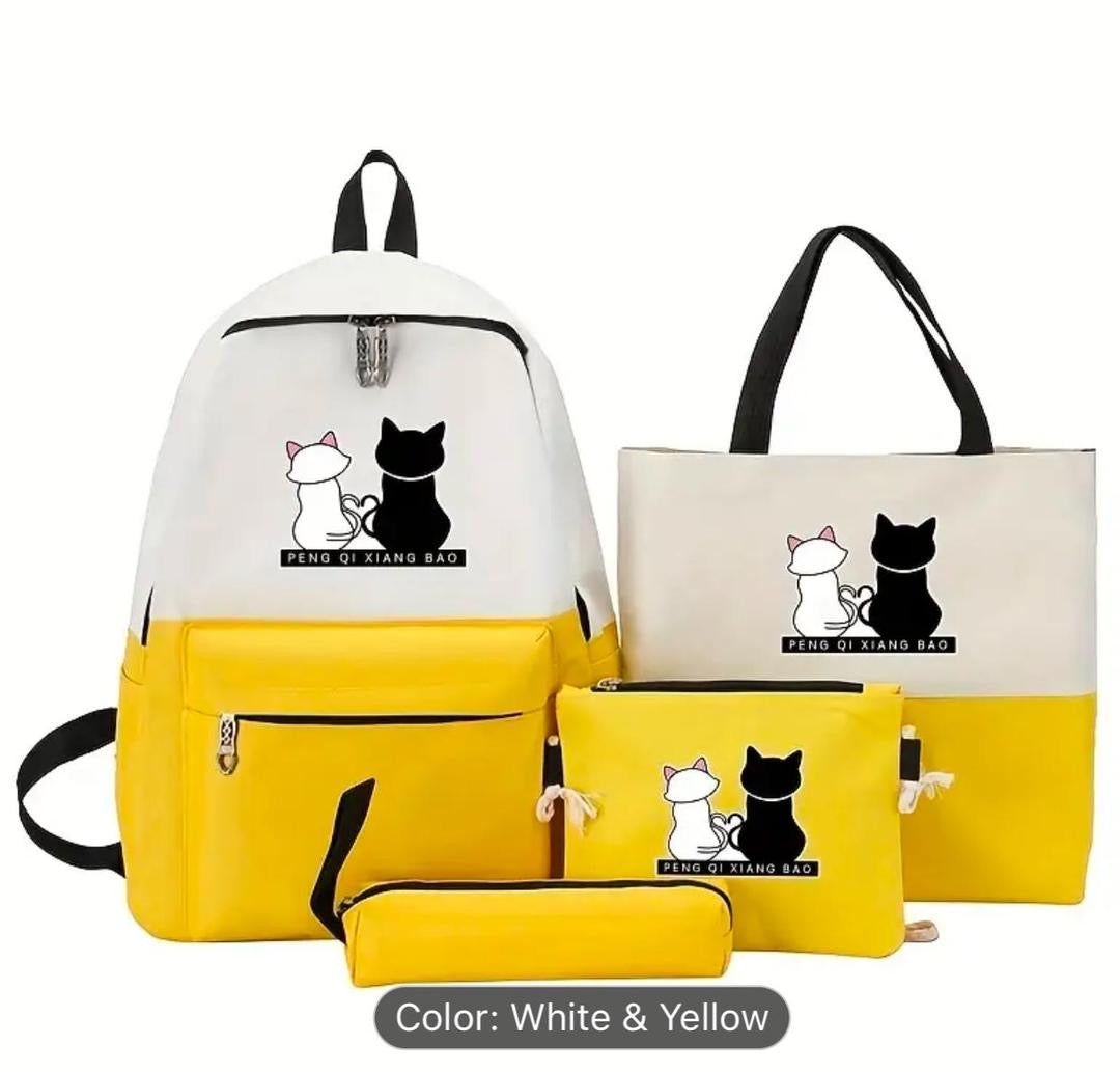 Cute Cat Print 4-in-1 School Bag Set for Girls – Backpack