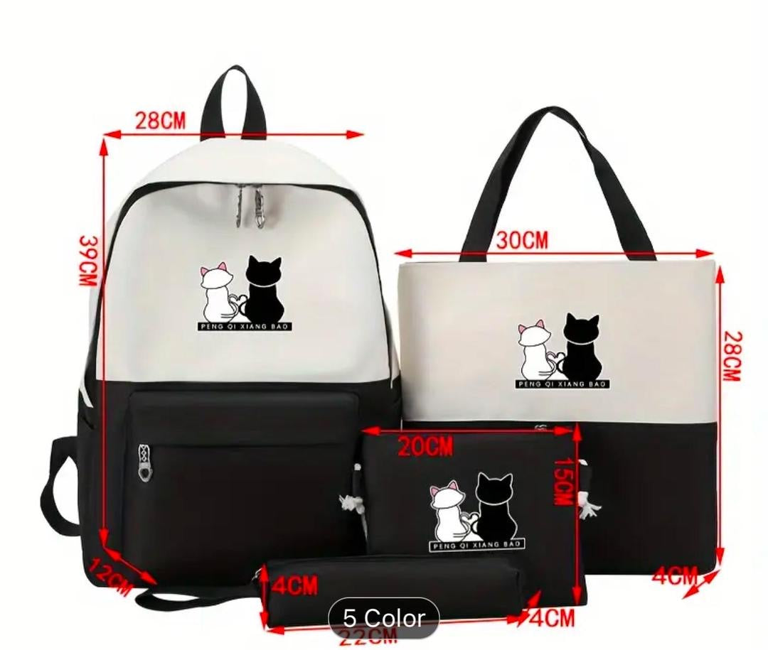 Cute Cat Print 4-in-1 School Bag Set for Girls – Backpack