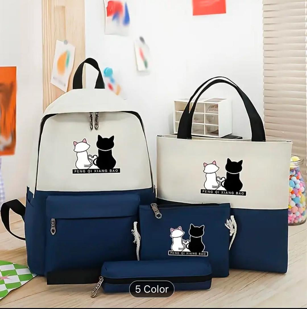 Cute Cat Print 4-in-1 School Bag Set for Girls – Backpack